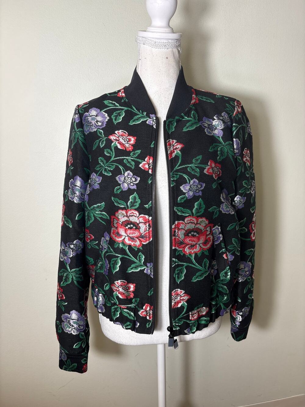 NWT W By Worth Black Purple Raspberry Lurex Floral Jacquard Jacket Sz P